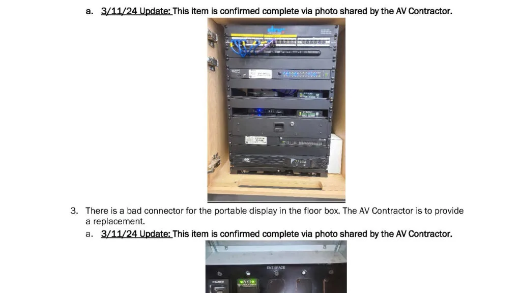 An image of a AV Commissioning report indicating what equipment was installed to a satisfactory standard and which ones need to be fixed.