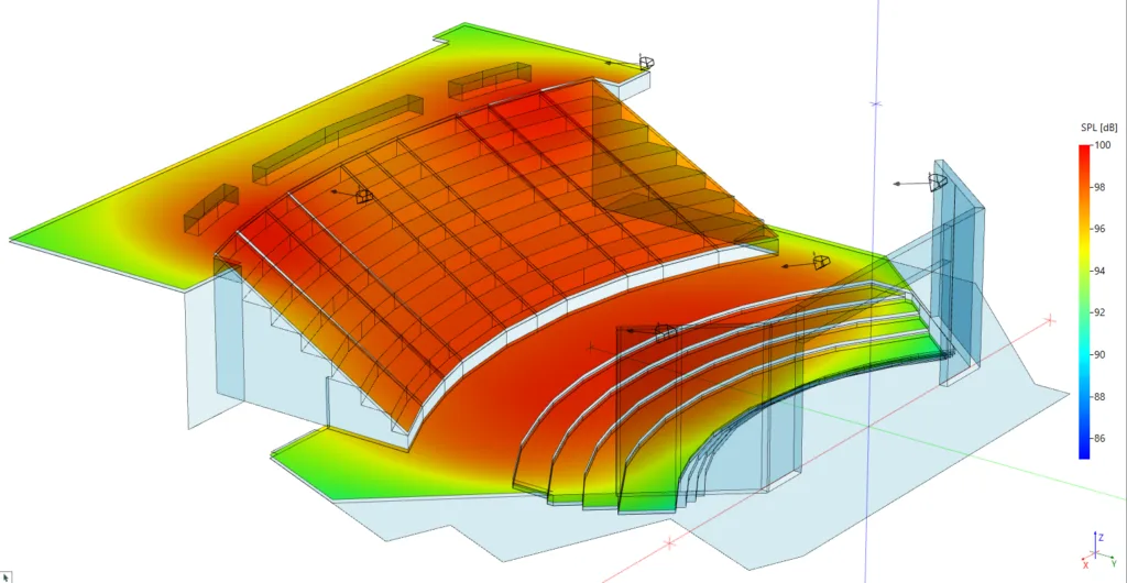 3D image rendering of an auditorium as a heat map of sound coverage reaching the seats in the audience.