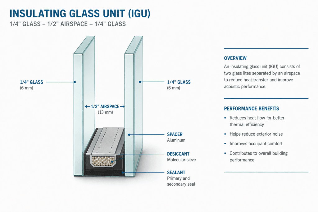 Graphic rendering of a 1-inch Insulated Glass Unit describing each layer
